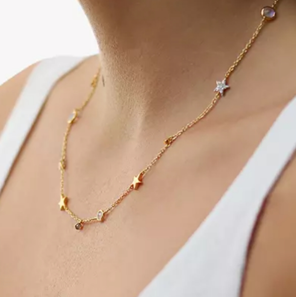 Gold Star Charm Necklace with Multi-Stone Accents